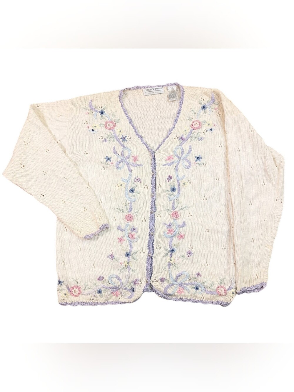 Vintage Grandmacore Fairy Embroidery Floral Knitted Sweater Size Large Cottageco